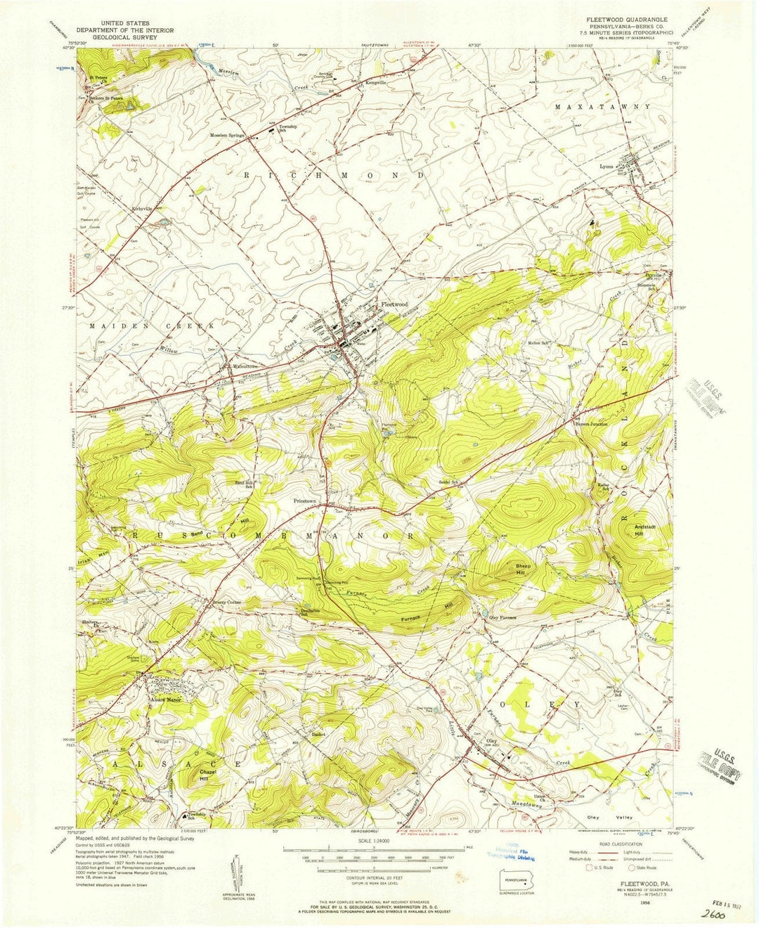 1956 Fleetwood, PA - Pennsylvania - USGS Topographic Map