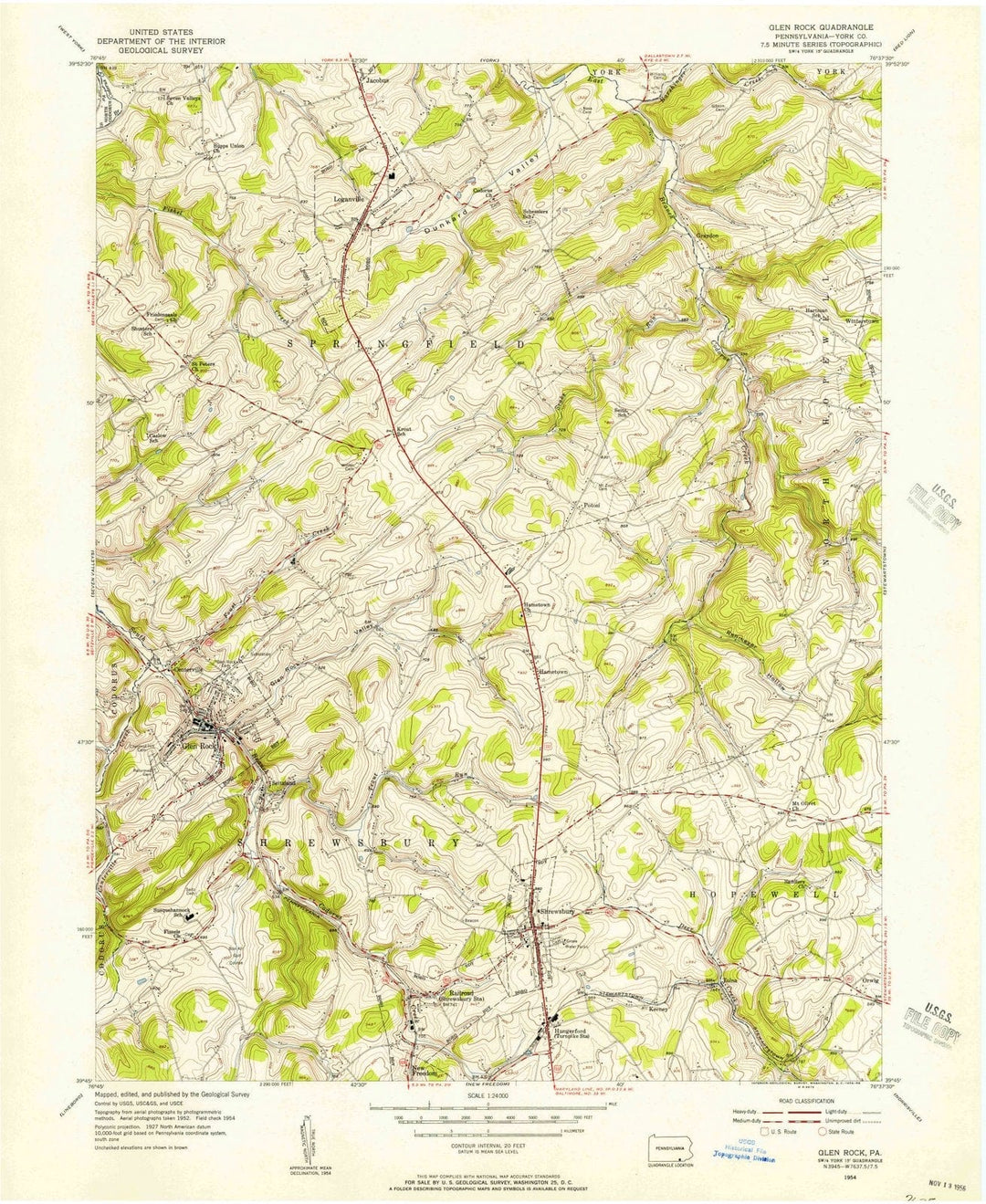 1954 Glen Rock, PA - Pennsylvania - USGS Topographic Map
