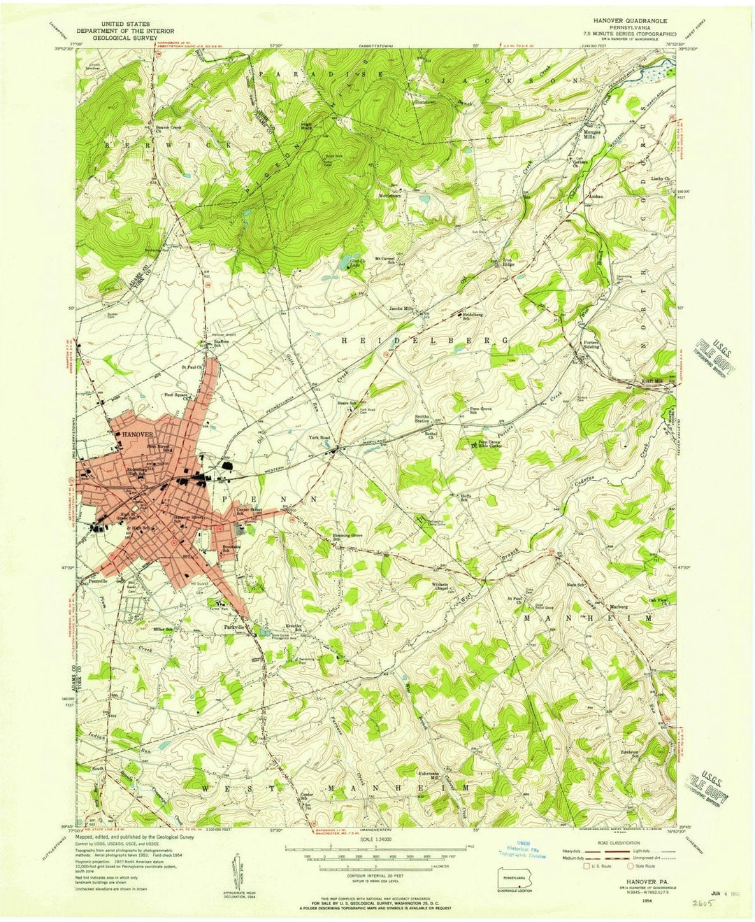 1954 Hanover, PA - Pennsylvania - USGS Topographic Map