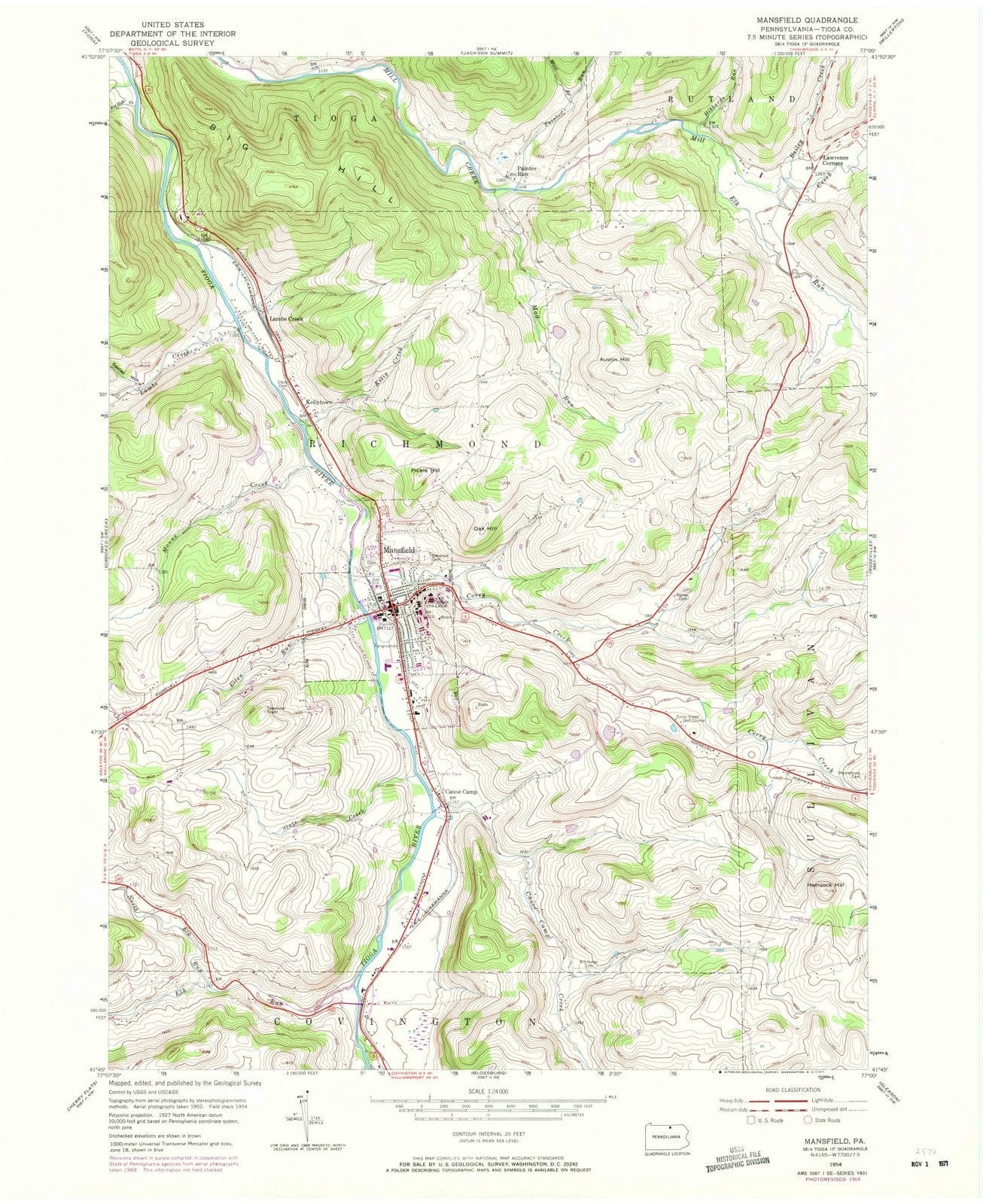 1954 Mansfield, PA - Pennsylvania - USGS Topographic Map