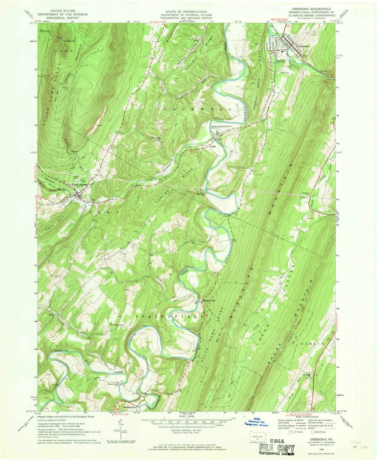 1966 Orbisonia, PA Pennsylvania USGS Topographic Map Historic Pictoric