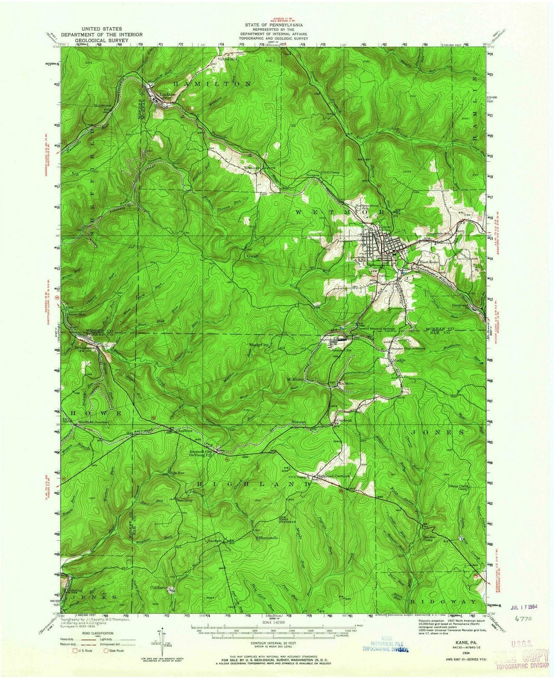 1934 Kane, PA - Pennsylvania - USGS Topographic Map