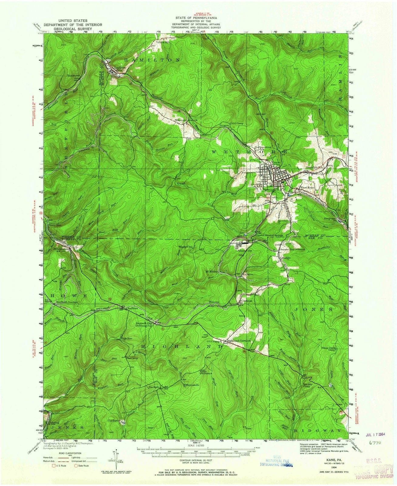 1934 Kane, PA - Pennsylvania - USGS Topographic Map