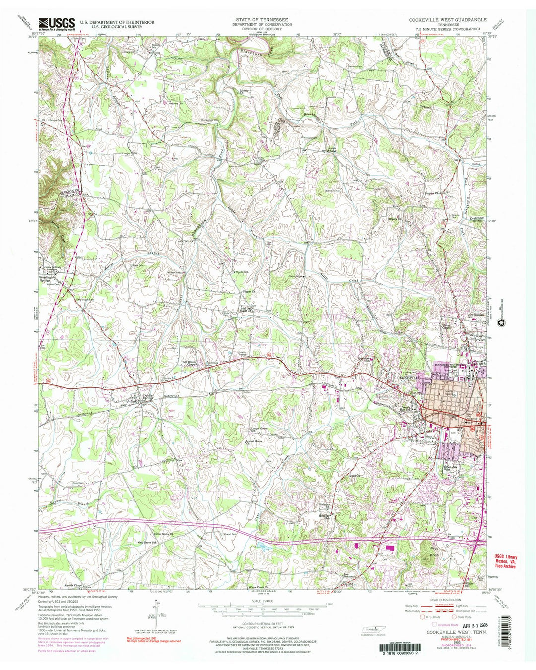 1953 Cookeville West, TN - Tennessee - USGS Topographic Map