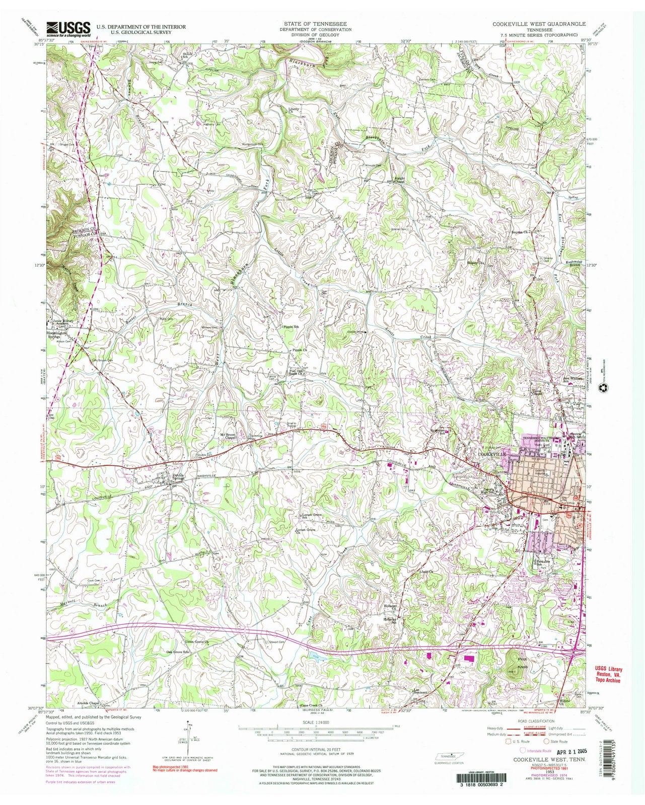 1953 Cookeville West, TN - Tennessee - USGS Topographic Map
