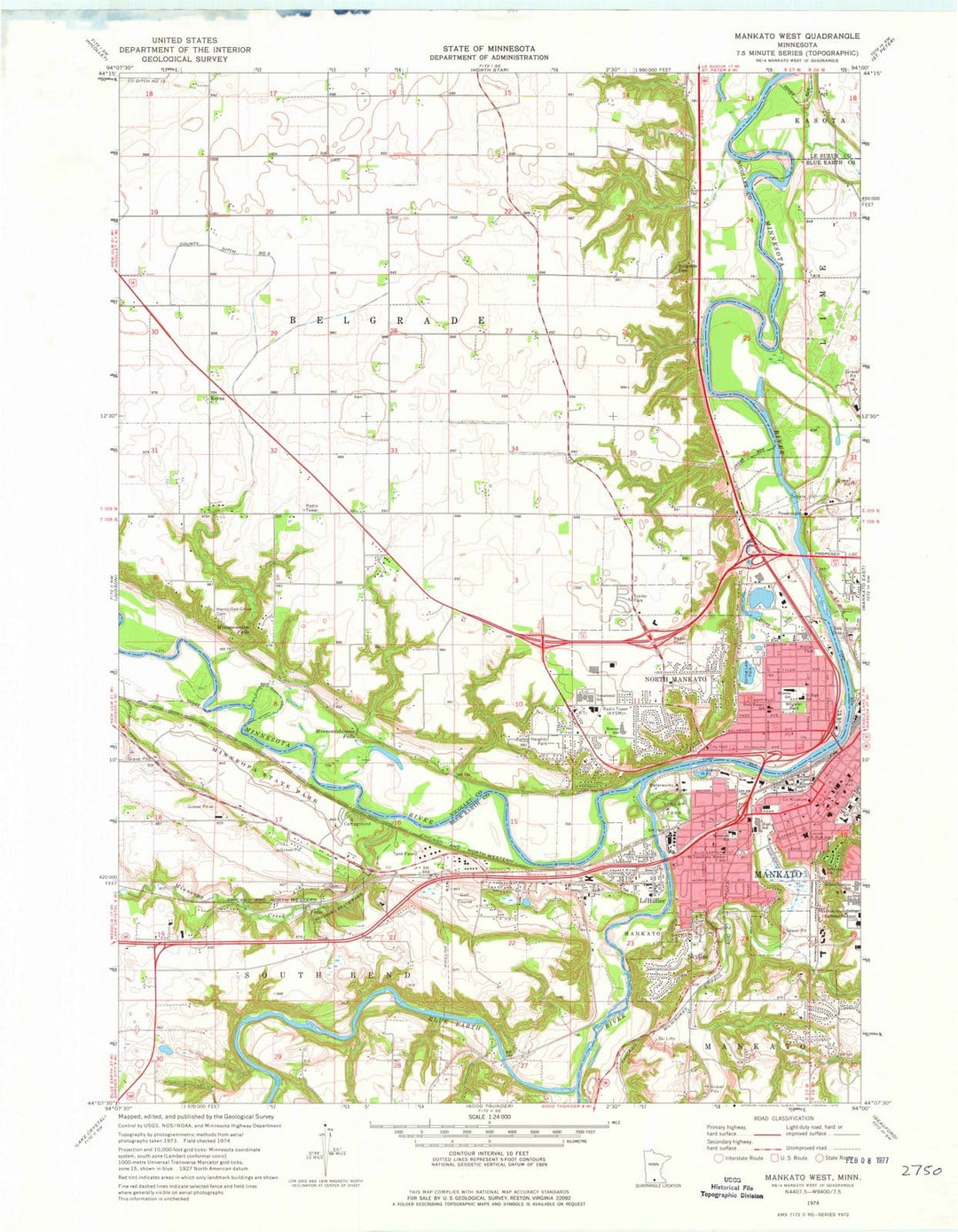 1974 Mankato West, MN - Minnesota - USGS Topographic Map