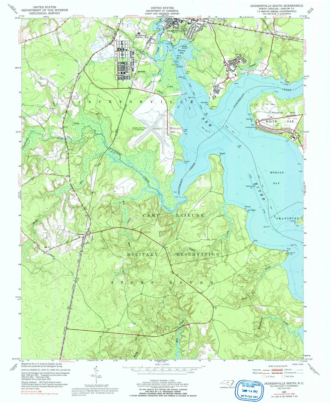 1952 Jacksonville South, NC - North Carolina - USGS Topographic Map