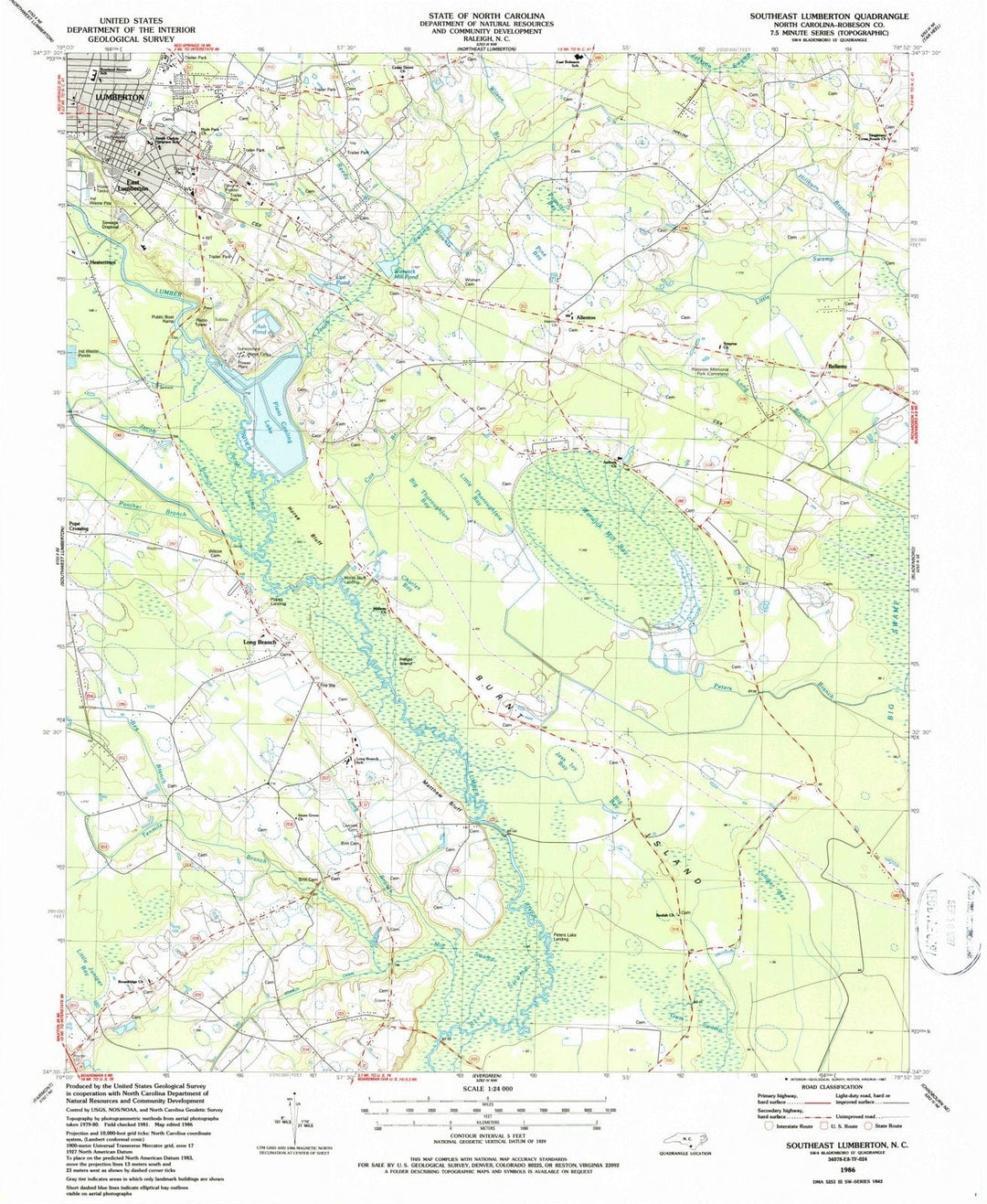 1986 Southeast Lumberton, NC - North Carolina - USGS Topographic Map
