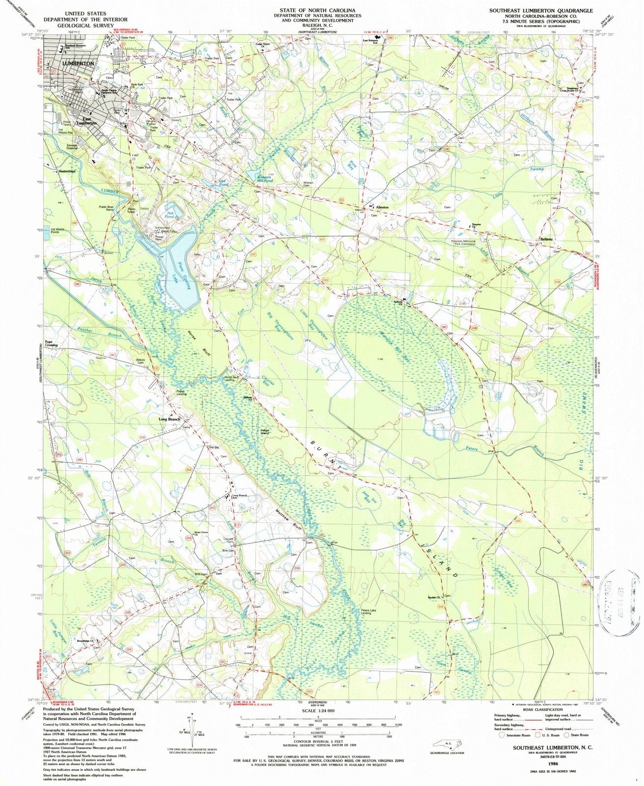 1986 Southeast Lumberton, NC - North Carolina - USGS Topographic Map