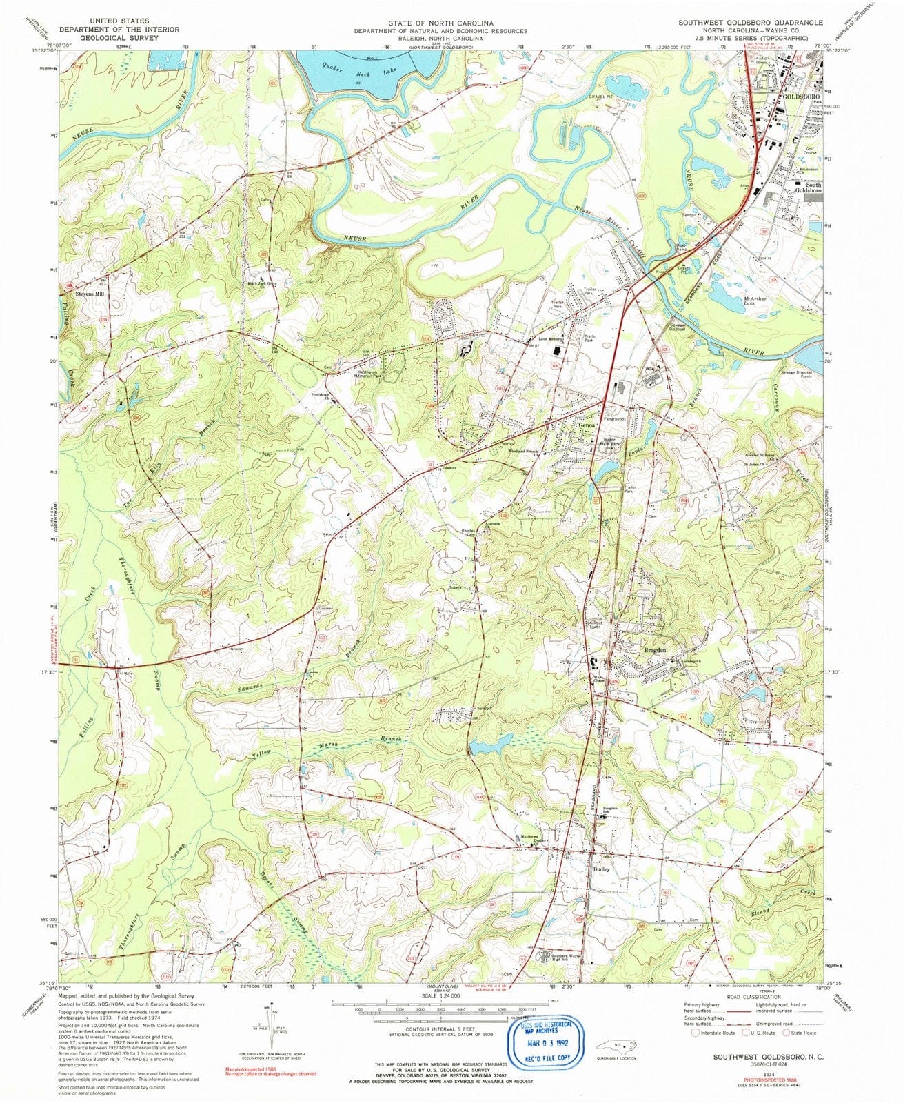 1974 Southwest Goldsboro, NC - North Carolina - USGS Topographic Map