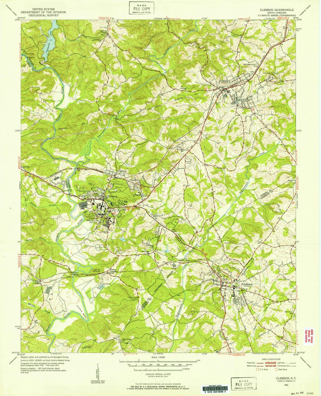 1951 Clemson, SC - South Carolina - USGS Topographic Map