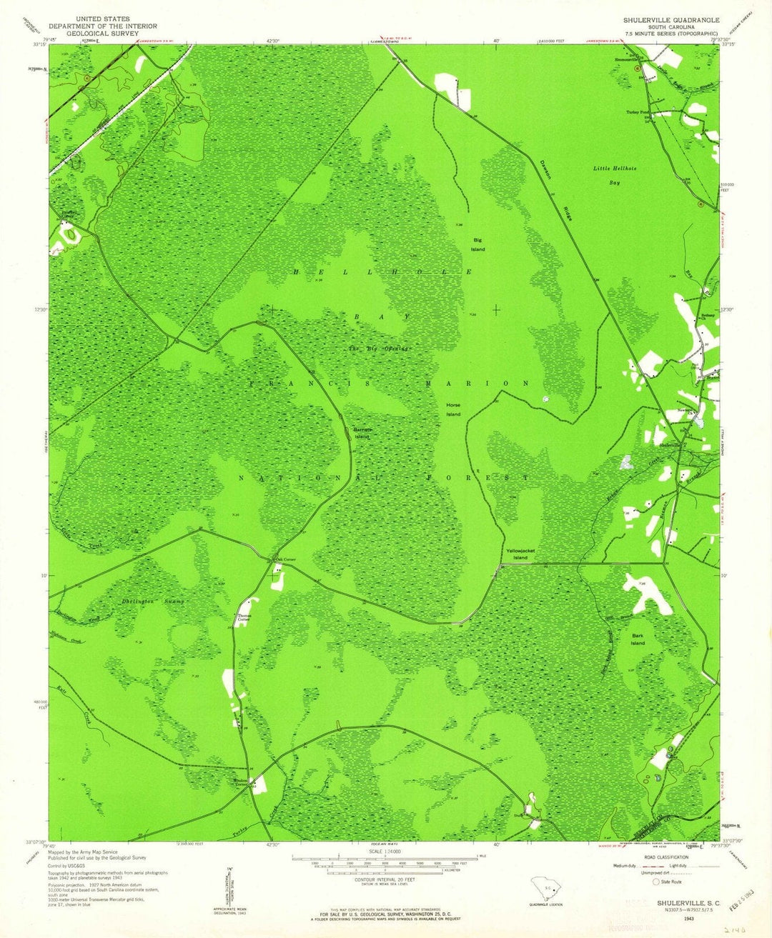 1943 Shulerville, SC - South Carolina - USGS Topographic Map