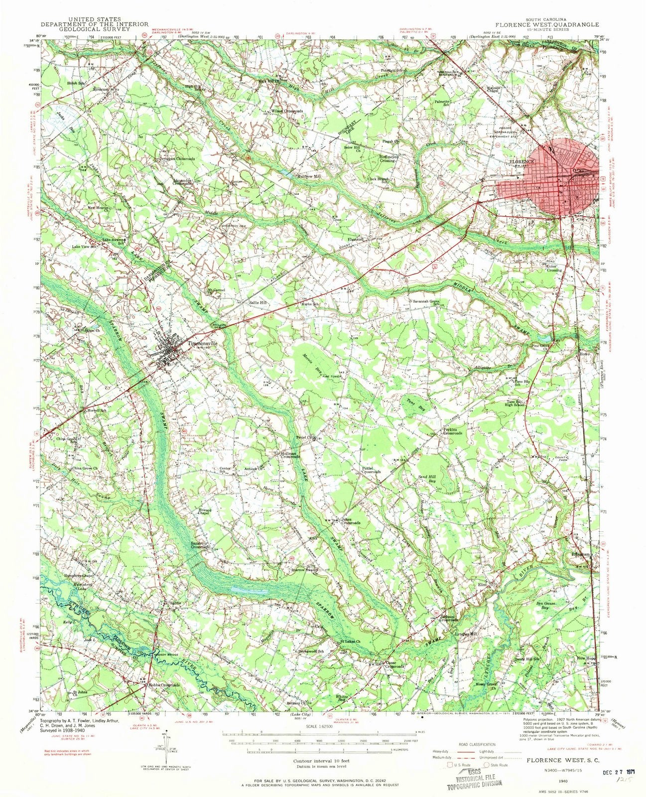 1940 Florence West, SC - South Carolina - USGS Topographic Map