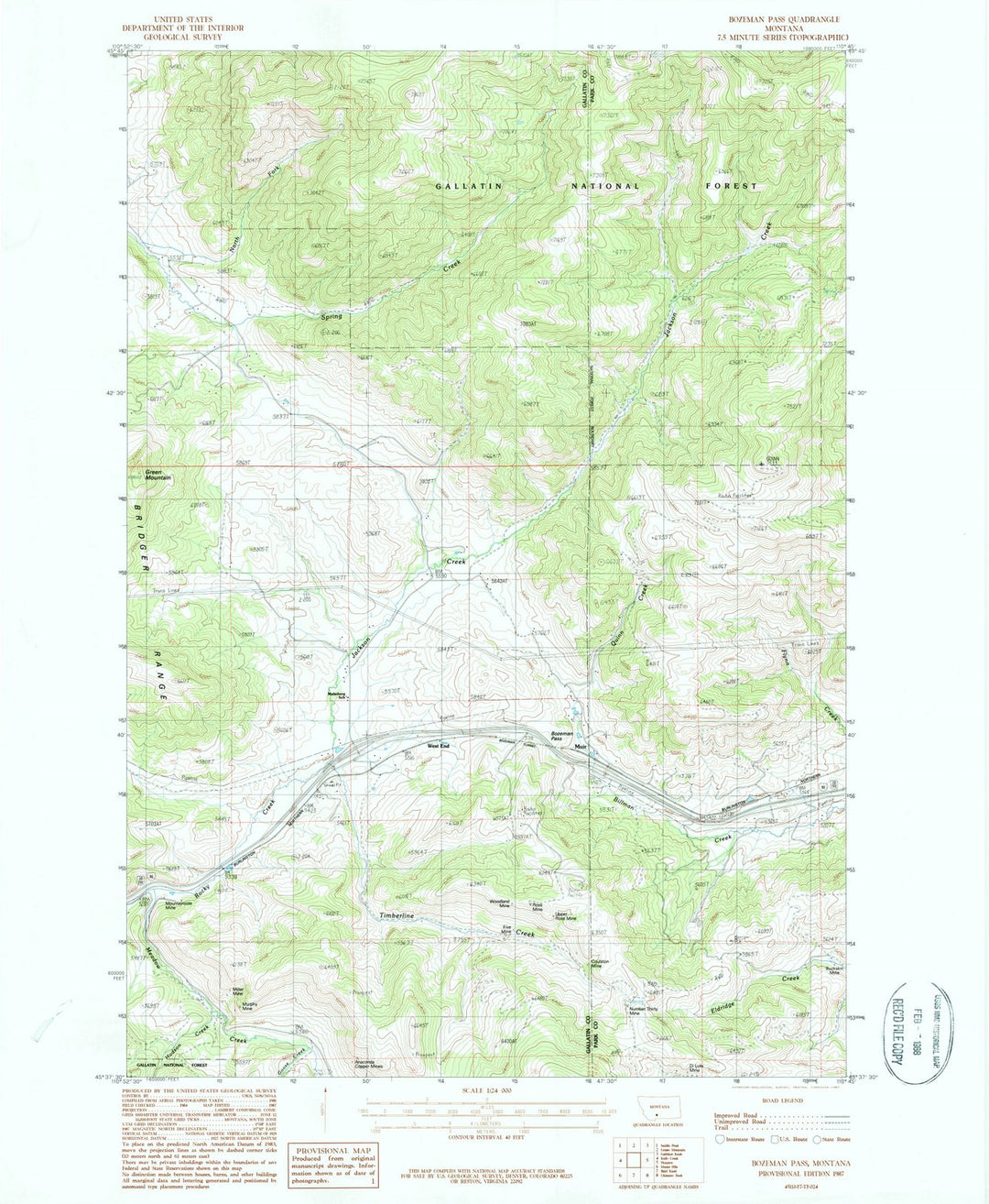 1987 Bozeman Pass, MT - Montana - USGS Topographic Map