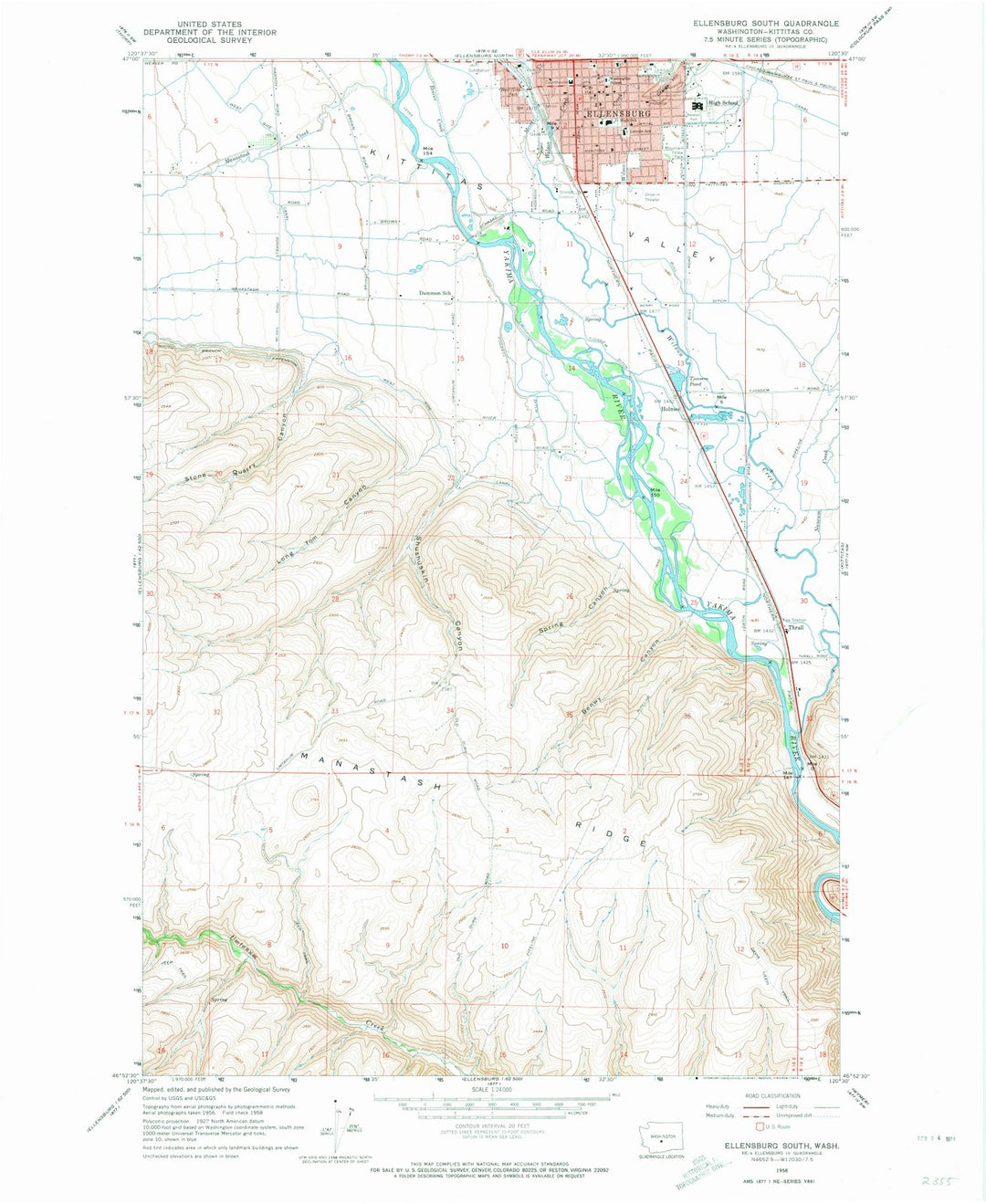 1958 Ellensburg South, WA - Washington - USGS Topographic Map
