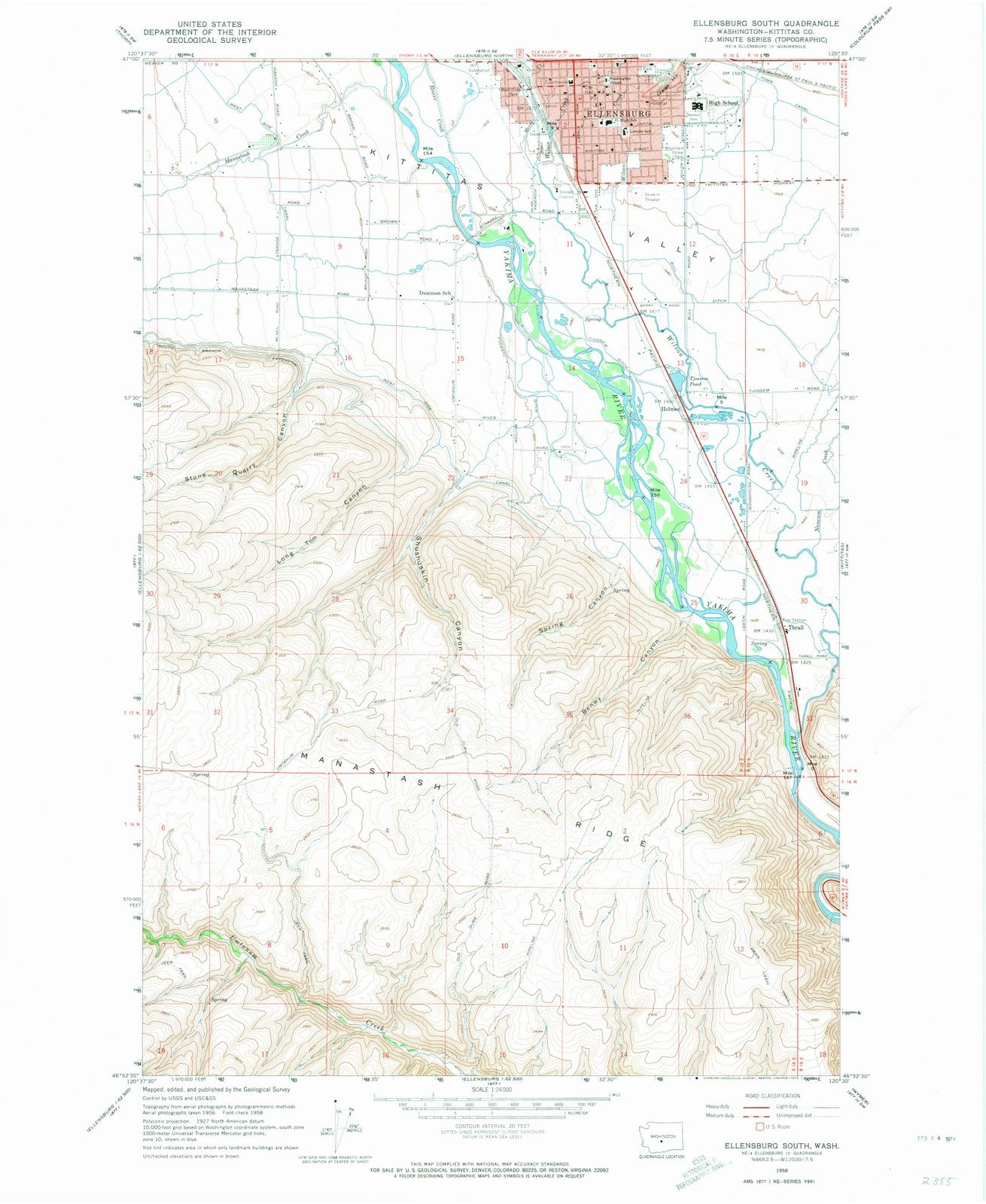 1958 Ellensburg South, WA - Washington - USGS Topographic Map