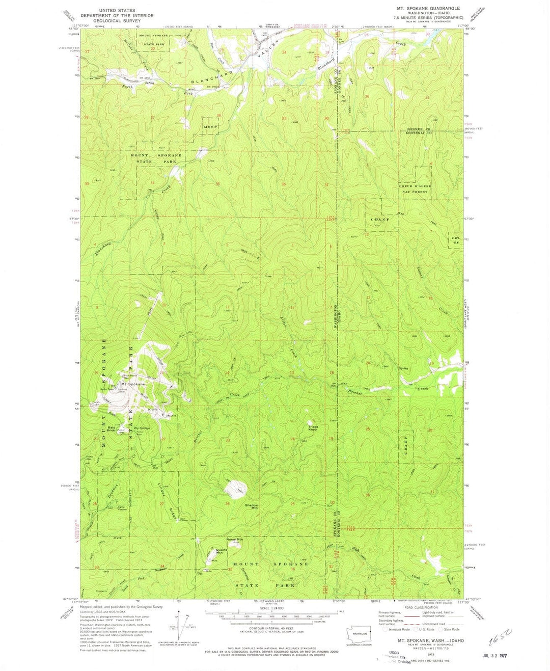 1973 Mt Spokane, WA - Washington - USGS Topographic Map