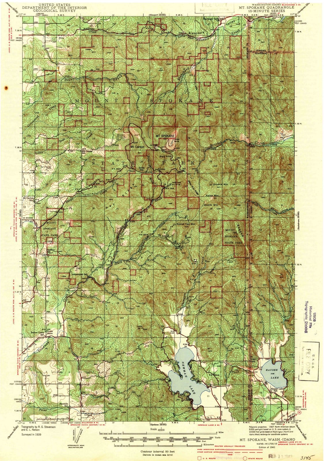 1943 Mt Spokane, WA - Washington - USGS Topographic Map