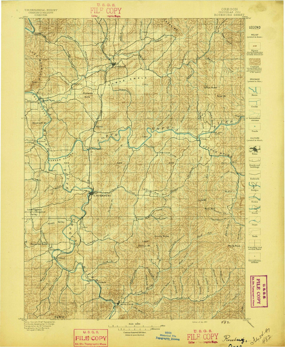 1897 Roseburg, OR - Oregon - USGS Topographic Map