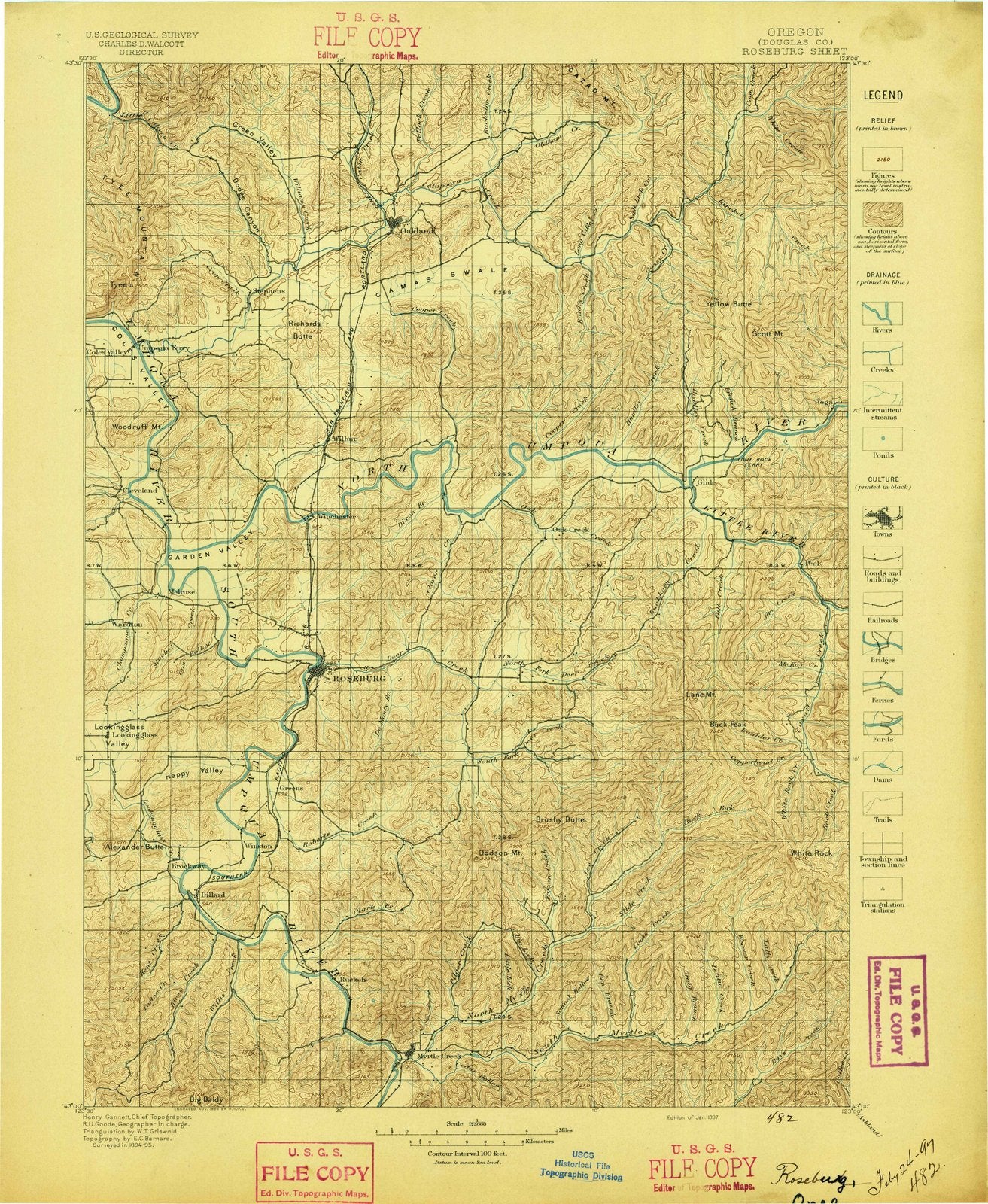 1897 Roseburg, OR - Oregon - USGS Topographic Map