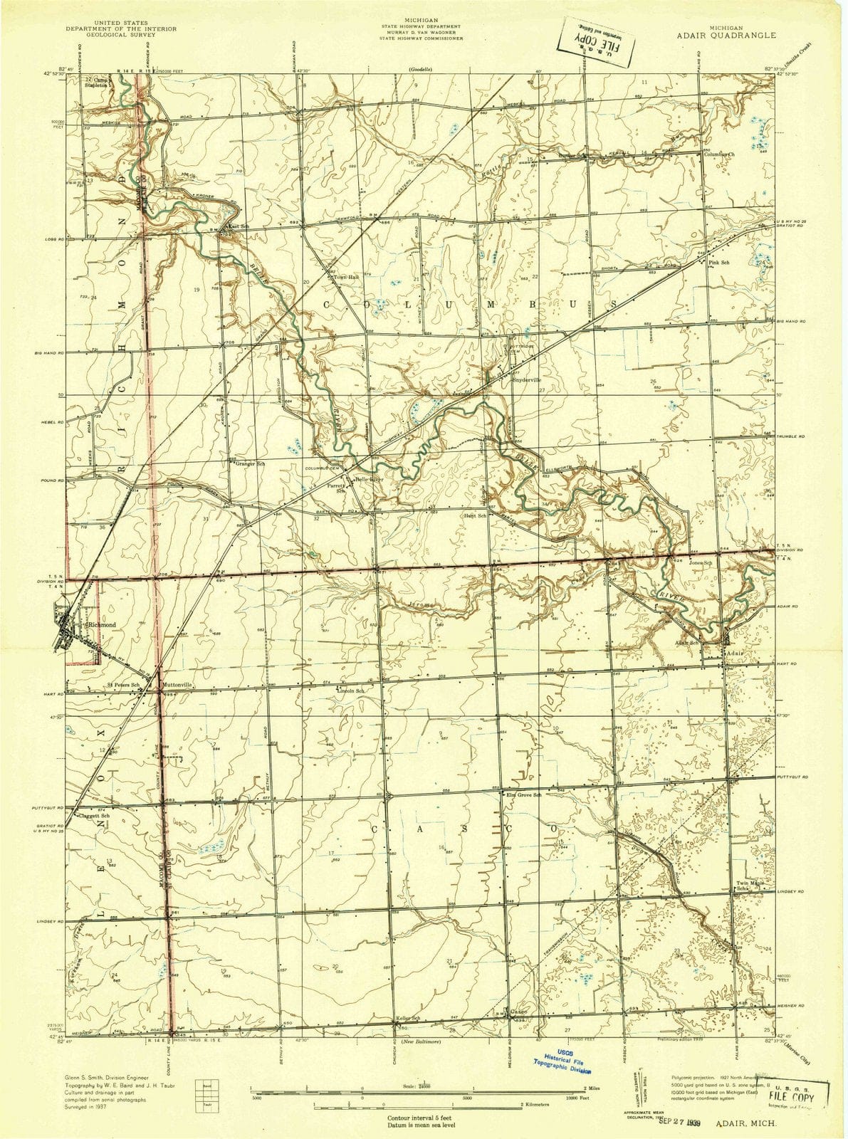1939 Adair, MI - Michigan - USGS Topographic Map