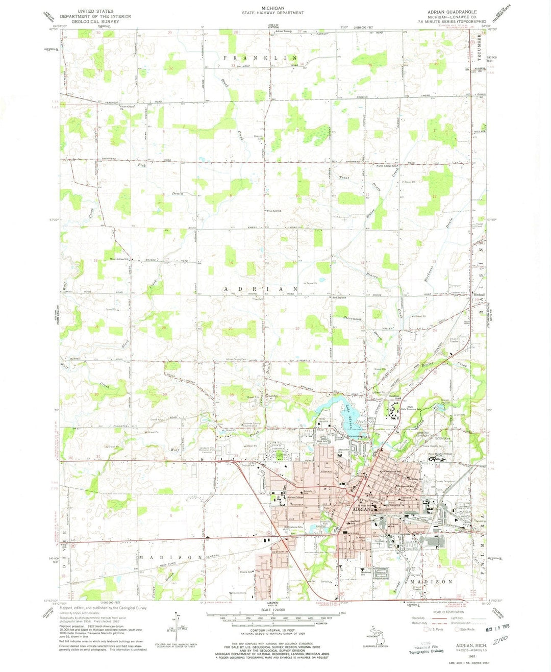 1962 Adrian, MI - Michigan - USGS Topographic Map