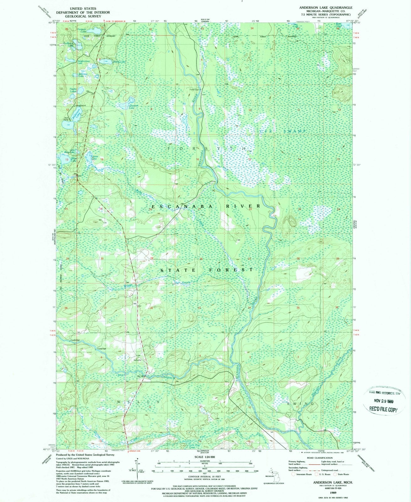 1989 Anderson Lake, MI - Michigan - USGS Topographic Map