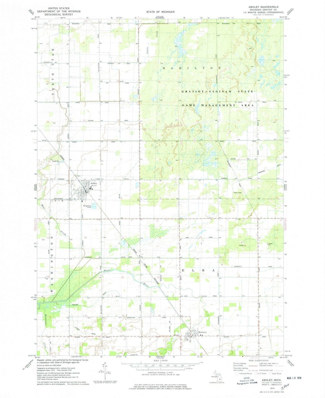 1974 Ashley, MI - Michigan - USGS Topographic Map