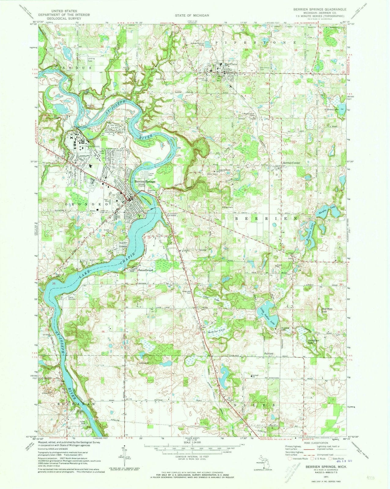 1971 Berrien Springs, MI - Michigan - USGS Topographic Map