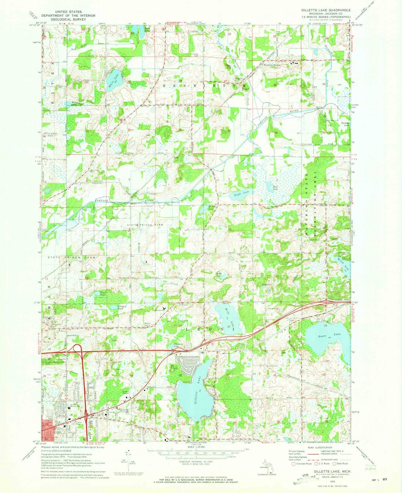 1970 Gilletts Lake, MI Michigan USGS Topographic Map Historic