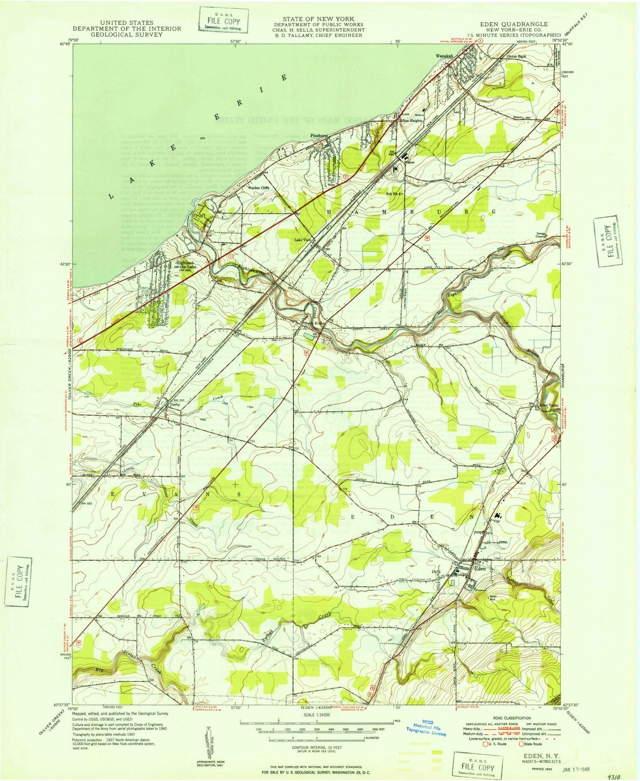 1949 Eden, NY New York USGS Topographic Map Historic Pictoric