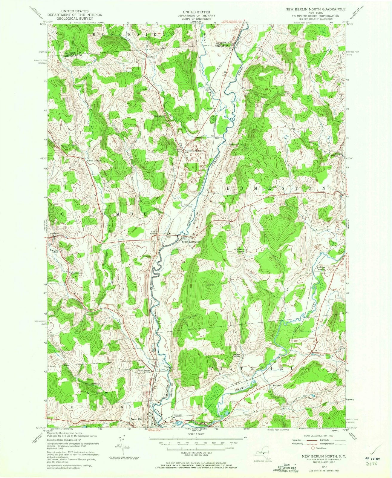 1943 New Berlin North, NY - New York - USGS Topographic Map