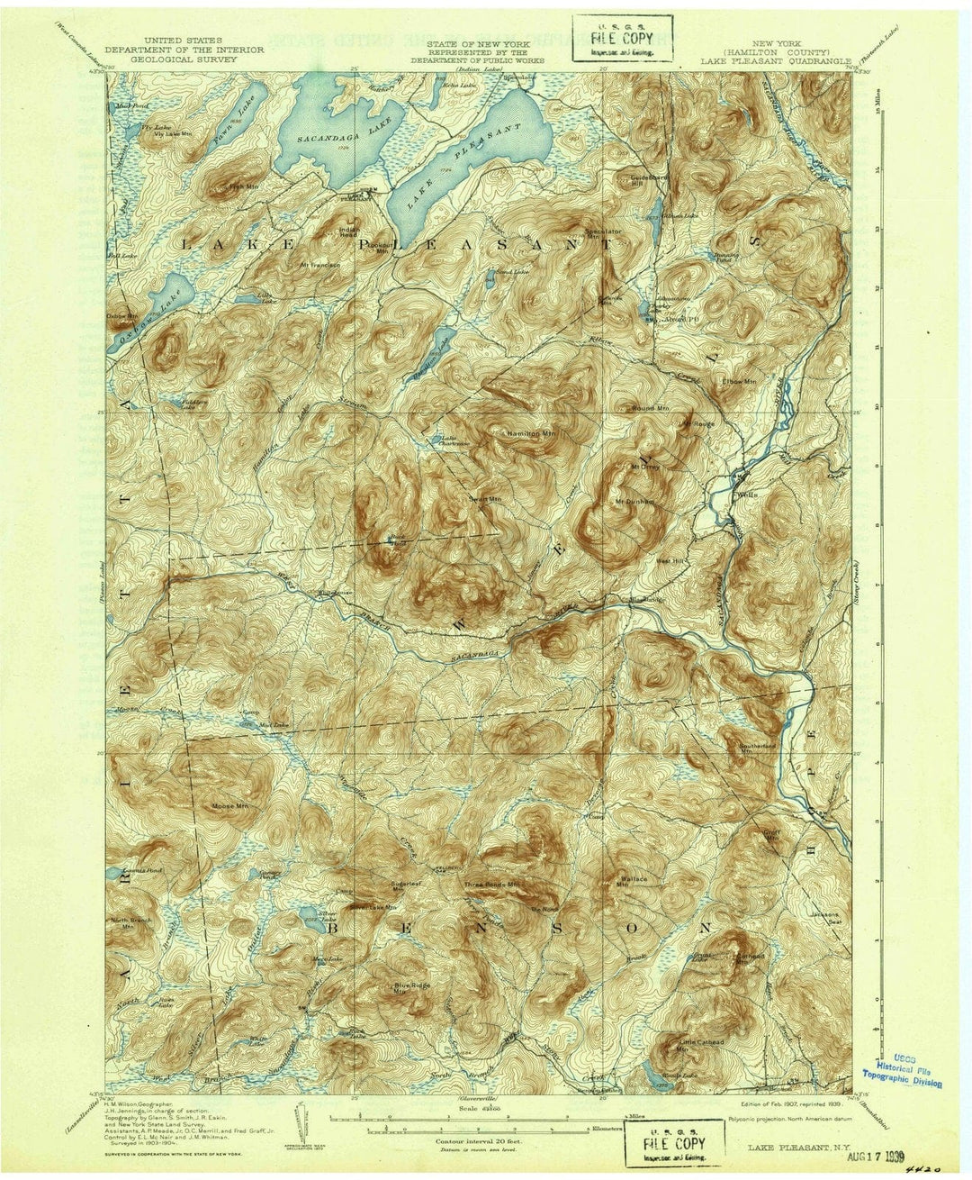 1907 Lake Pleasant, NY - New York - USGS Topographic Map