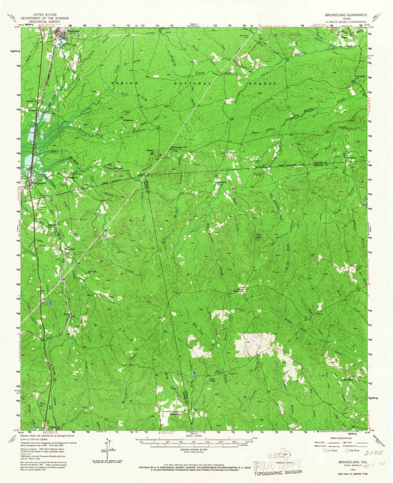 1957 Brookeland, TX Texas USGS Topographic Map Historic Pictoric