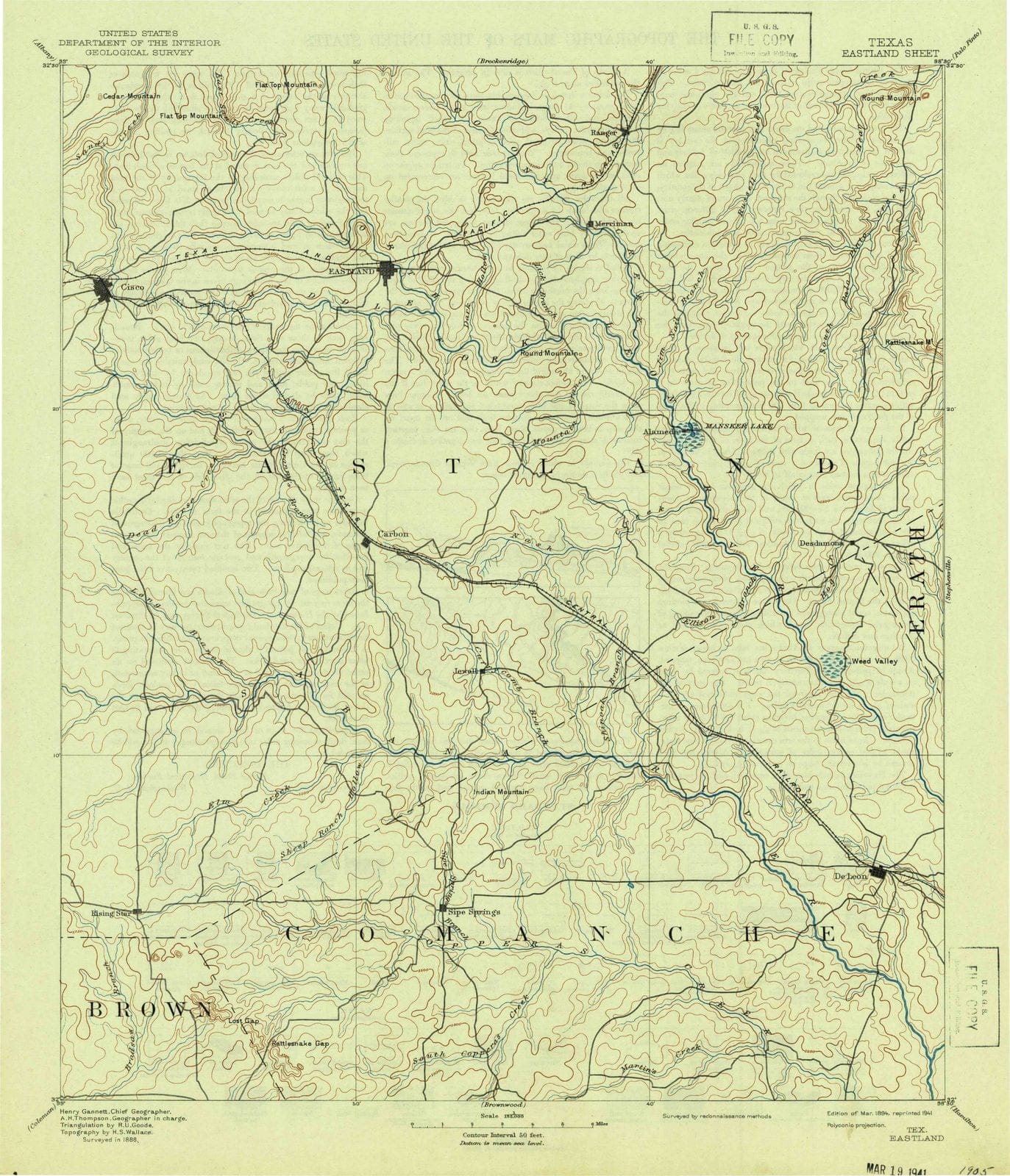 1894 Eastland, TX - Texas - USGS Topographic Map