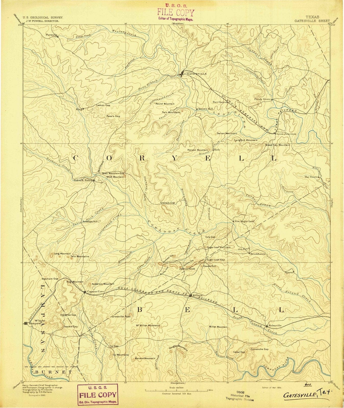 1894 Gatesville, TX - Texas - USGS Topographic Map