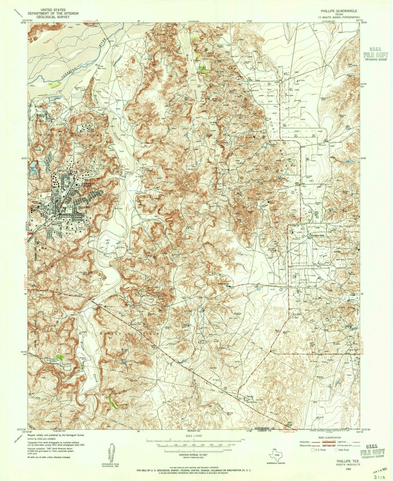 1953 Phillips, TX - Texas - USGS Topographic Map