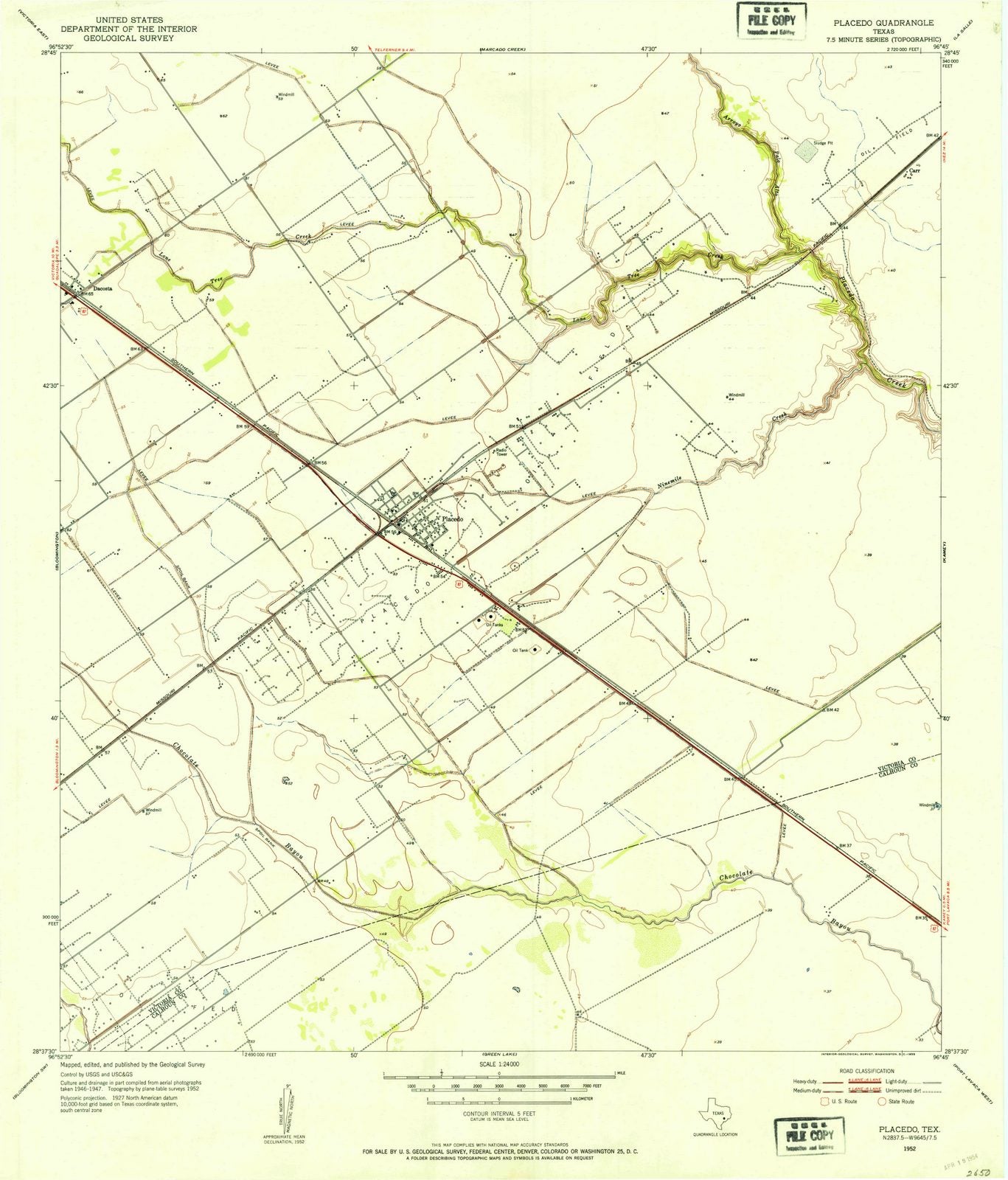 1952 Placedo, TX - Texas - USGS Topographic Map