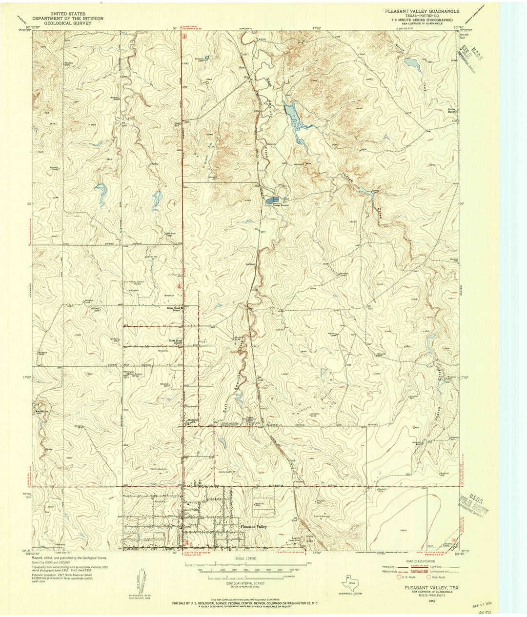 1953 Pleasant Valley, TX - Texas - USGS Topographic Map