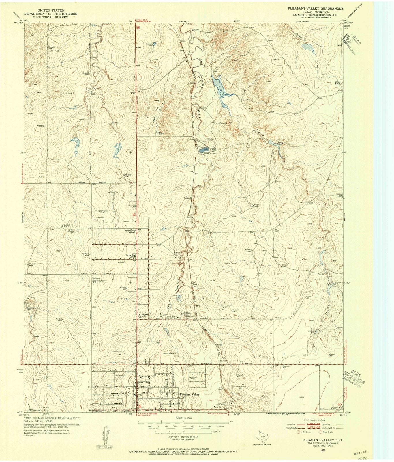 1953 Pleasant Valley, TX - Texas - USGS Topographic Map
