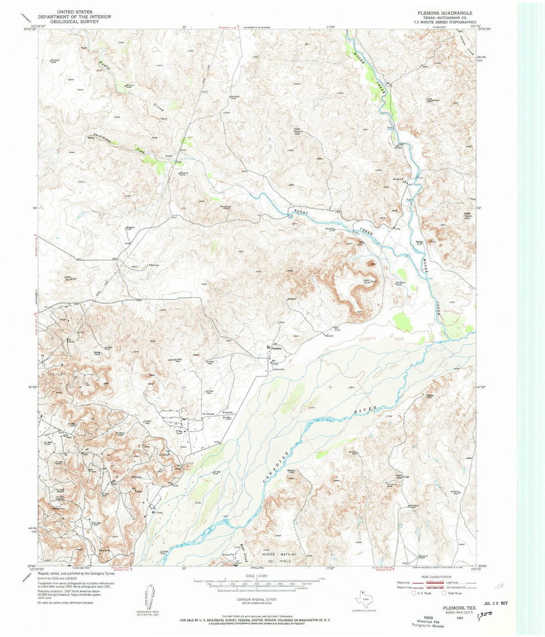 1953 Plemons, TX - Texas - USGS Topographic Map