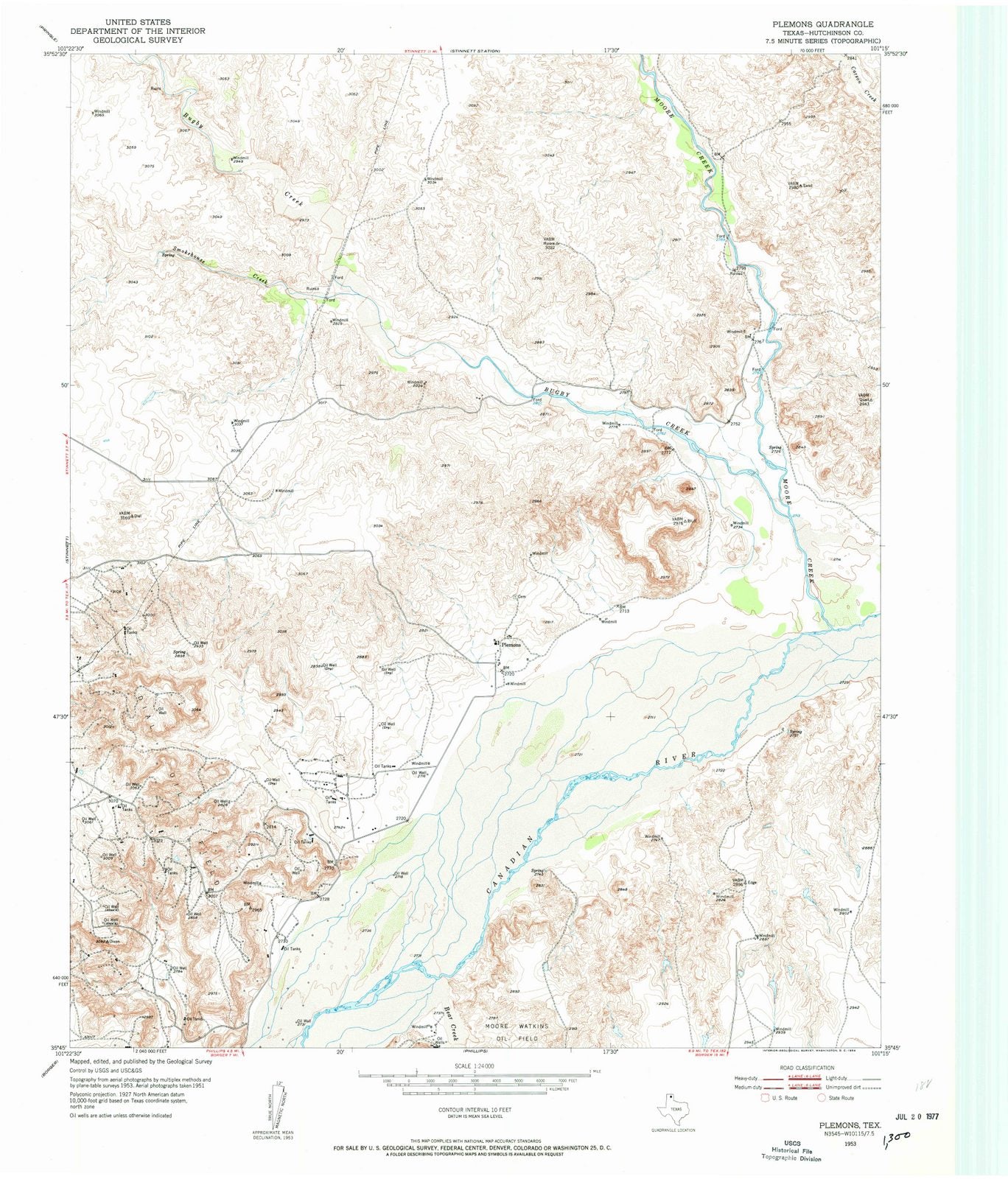 1953 Plemons, TX - Texas - USGS Topographic Map