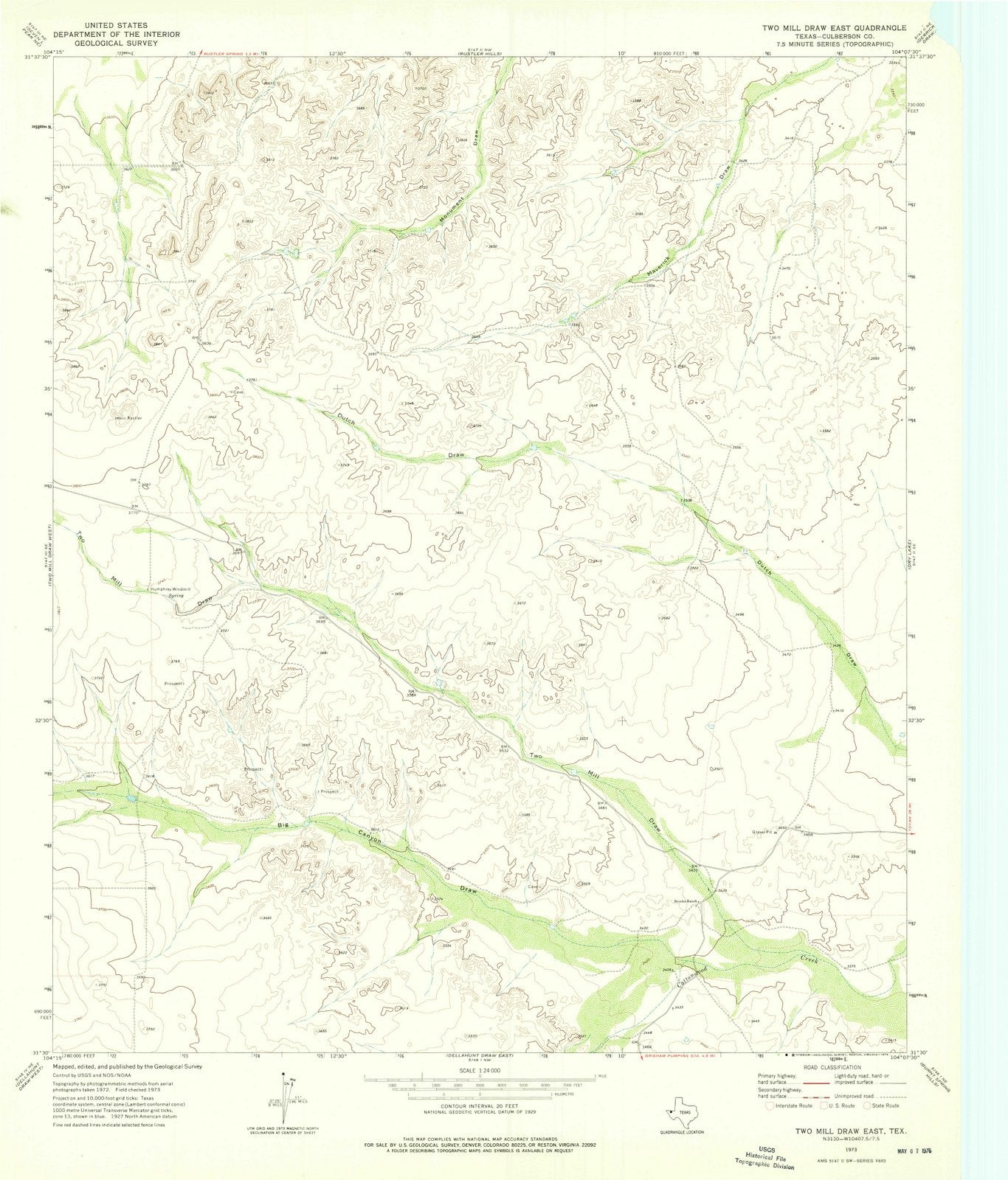 1973 Two Millraw East, TX - Texas - USGS Topographic Map