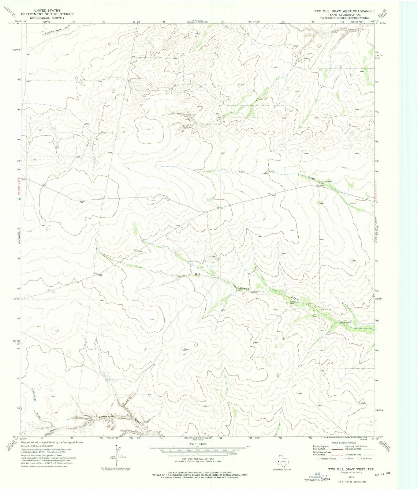 1973 Two Millraw West, TX - Texas - USGS Topographic Map
