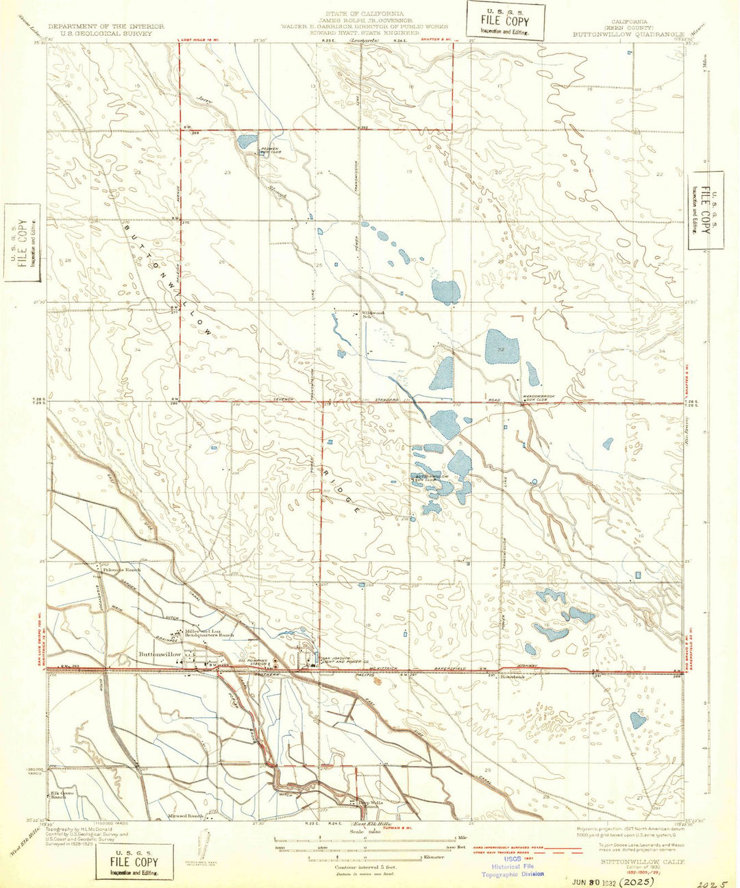 1932 Buttonwillow, CA - California - USGS Topographic Map
