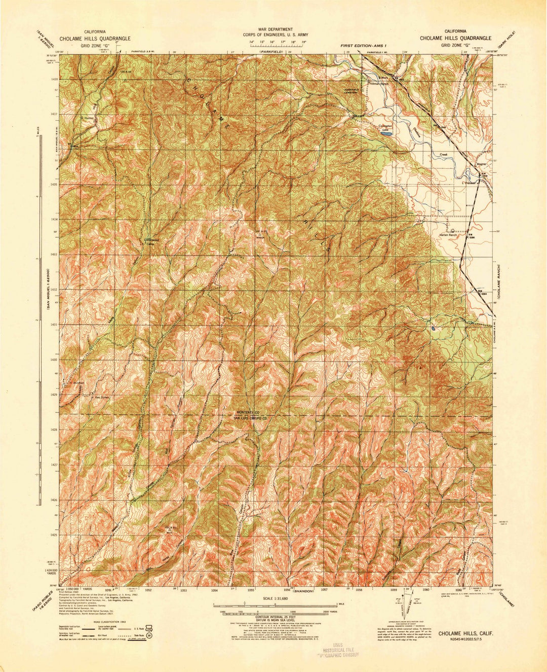 1943 Cholame Hills, CA - California - USGS Topographic Map