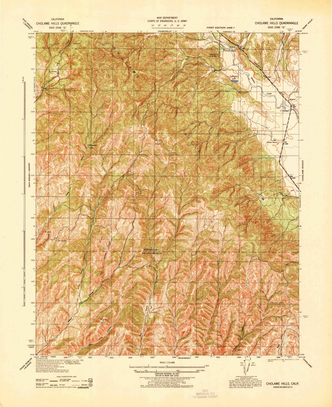 1943 Cholame Hills, CA - California - USGS Topographic Map