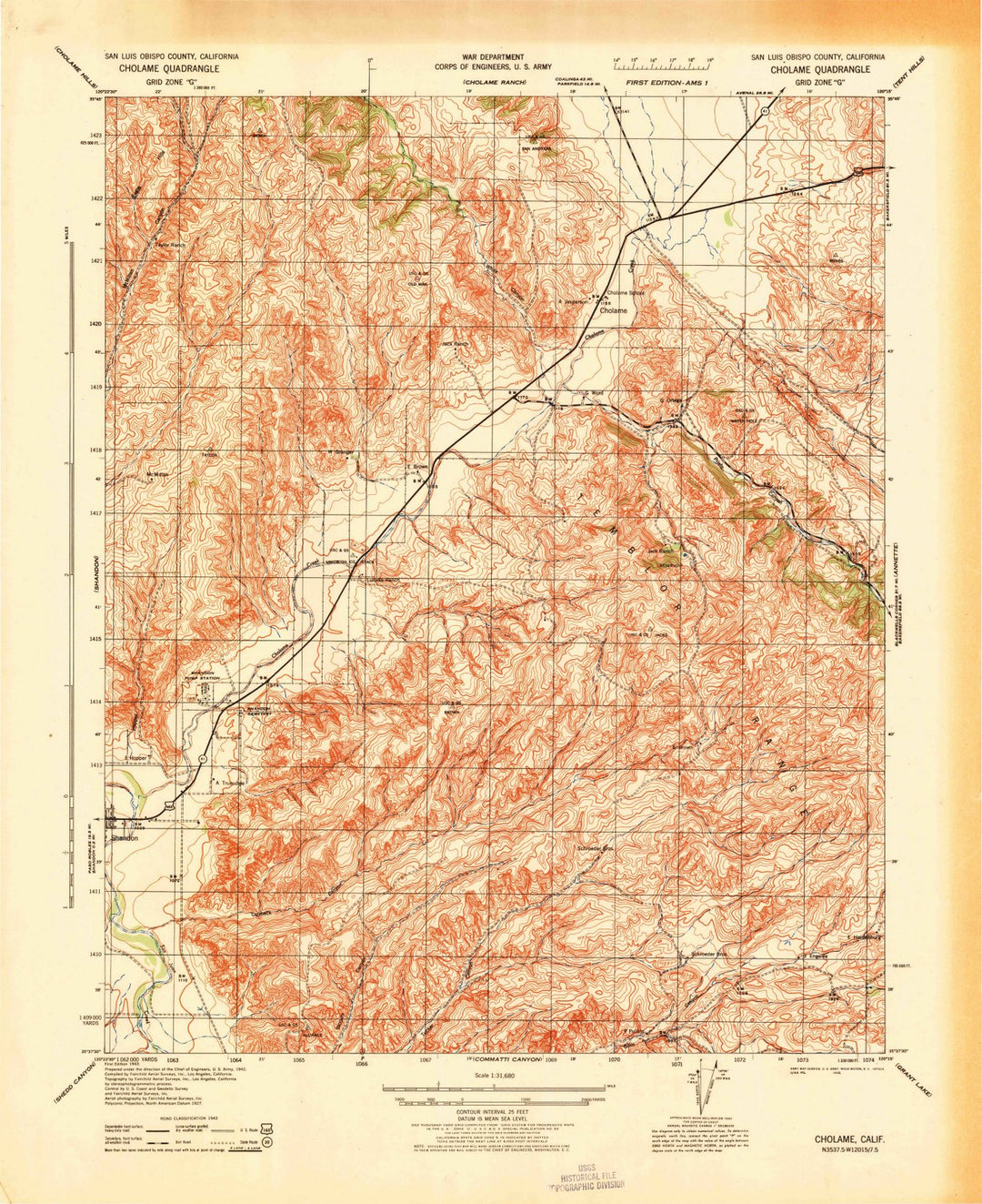1943 Cholame, CA - California - USGS Topographic Map