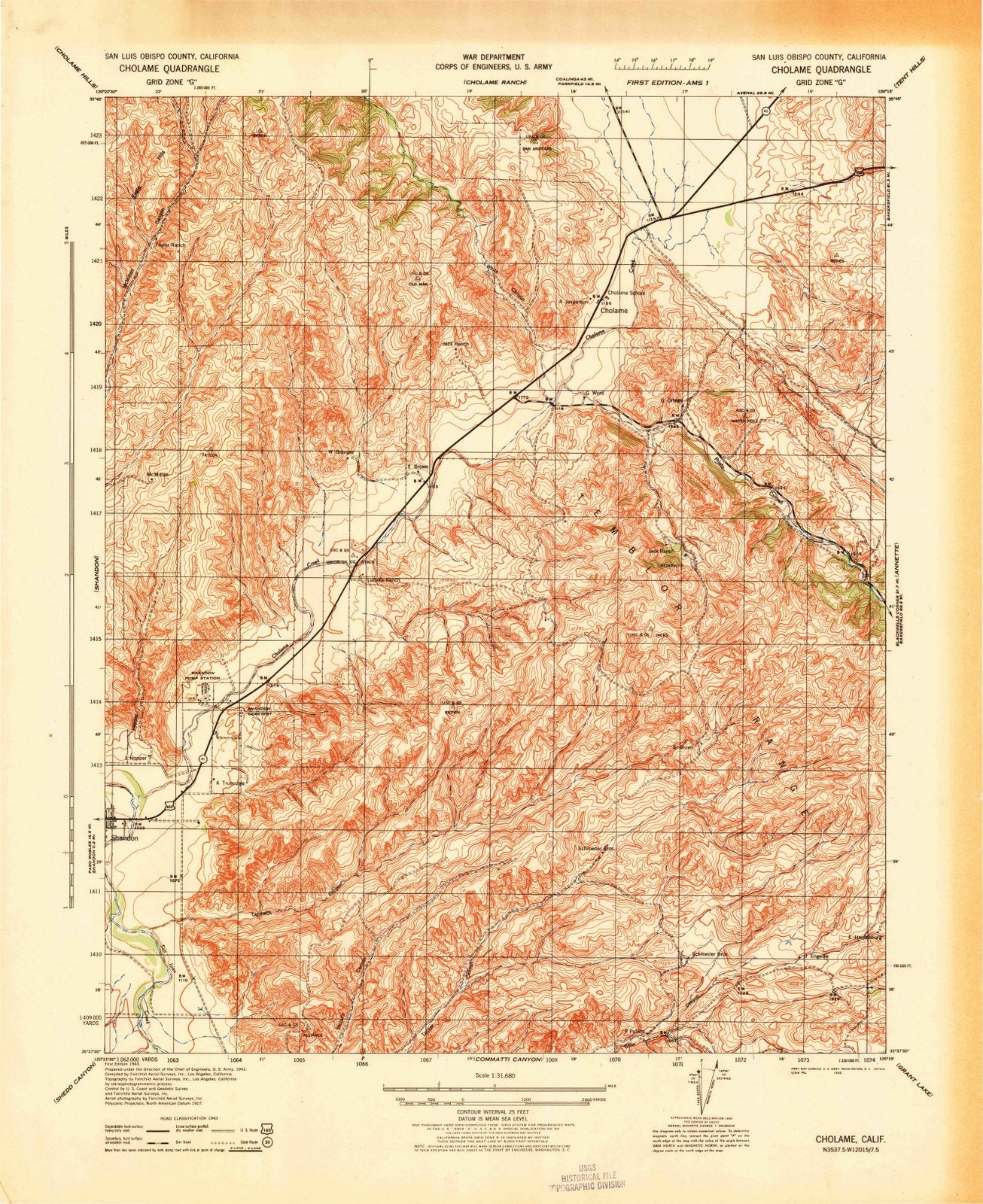 1943 Cholame, CA - California - USGS Topographic Map