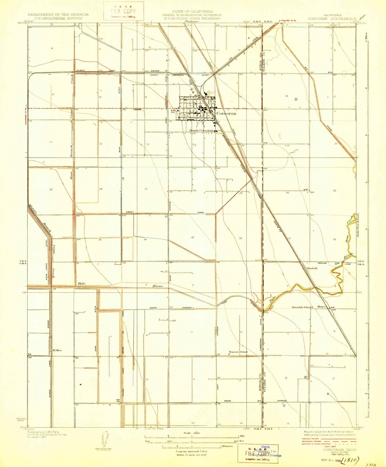1928 Corcoran, CA - California - USGS Topographic Map